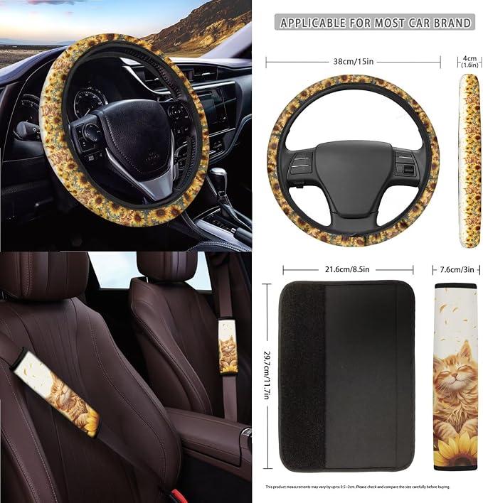 Cat Sunflower Print Car Seat Covers Full Set with Steering Wheel Cover for Women, Decorative Safety Belt Pads Cup Cushions Storage Trash Can Car Air Vent Organizer