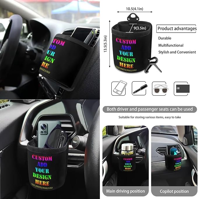 Wanyint Custom Car Seat Cover Set 15 PCS, Personalized Add Your Photo Seat Protector Steering Wheel Seat Belt Rear View Mirror Cover Trash Can Coaster Keychain Air Vent Bag Auto Decor Accessories