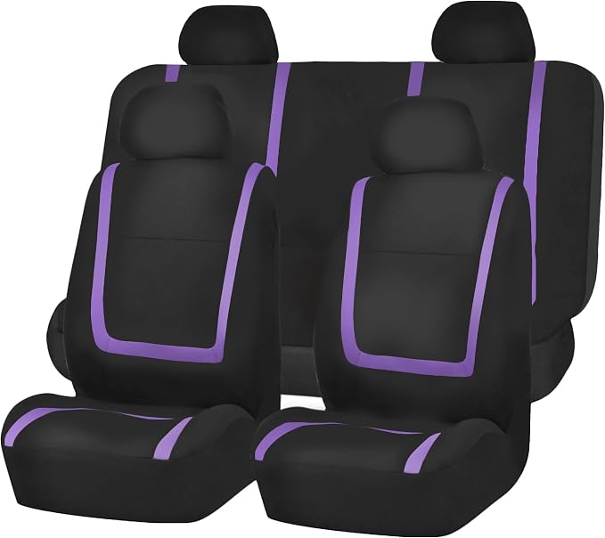 FH Group Automotive Seat Covers Unique Flat Cloth Purple Full Set, Combo Steering Wheel Cover and Seat Belt Pads Rear Solid Bench Universal Fit for Vans Cars Trucks and SUV Interior Accessories