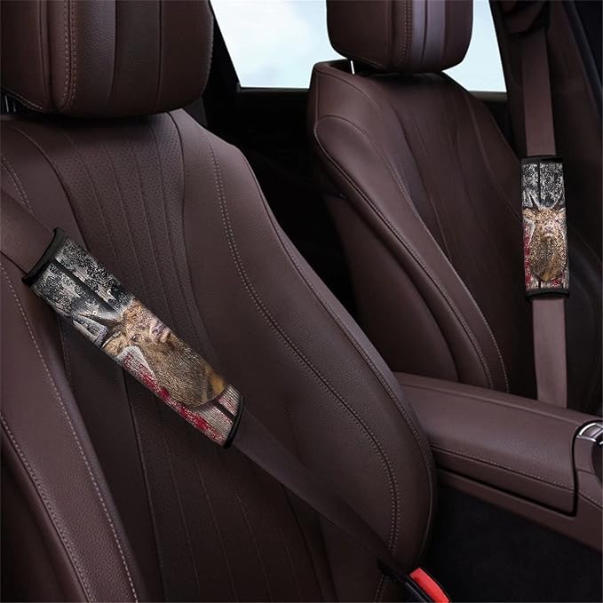 Xoenoiee 11 Pack Hunting Deer Camo American Flag Print Auto Accessories Car Seat Covers Full Set for Front & Rear Seat, SUV Car Steering Wheel Cover, Seat Belt Cover, Cup Coasters, Key Chains