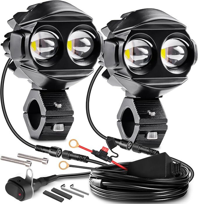 Motorcycle Auxiliary Lights,LEDMIRCY Motorcycle Fog Lights with Switch Wiring Harness Ip68 Waterproof Driving Spot Light with Mount Brackets Exploradoras LED para Moto for ATV Snowmobile Boat etc