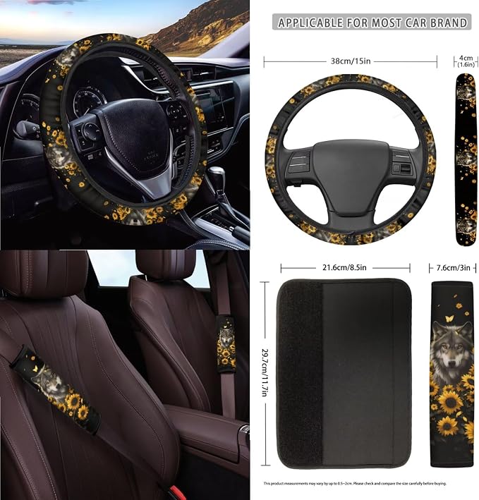 Wolf Sunflower Print Car Seat Covers 15Pcs Full Set Car Steering Wheel Cover Seat Belt Cover Trash Bin Air Vent Storage Box Rear View Mirror Car Cup Holder Keychain, Black