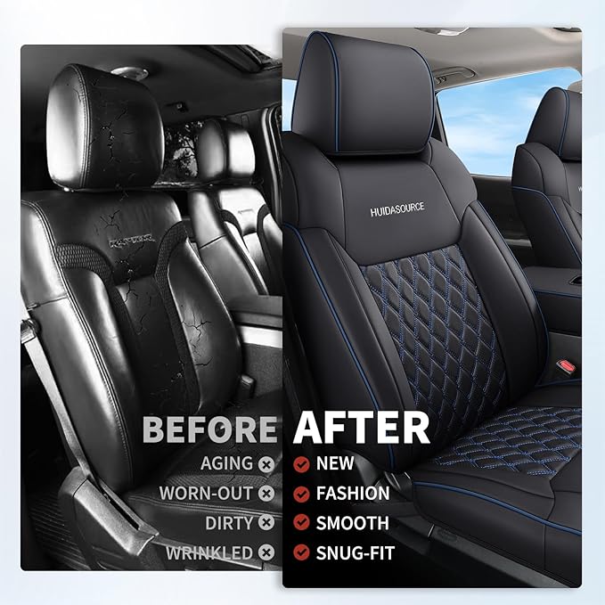 Huidasource Car Seat Covers for Dodge Ram, Front Seat Cushion Waterproof Ram Truck Custom Seat Protector Fit for 2009-2025 Ram 1500, 2010-2025 Ram 2500/3500 Crew/Mega Cab(Concave Front/Black&Blue)