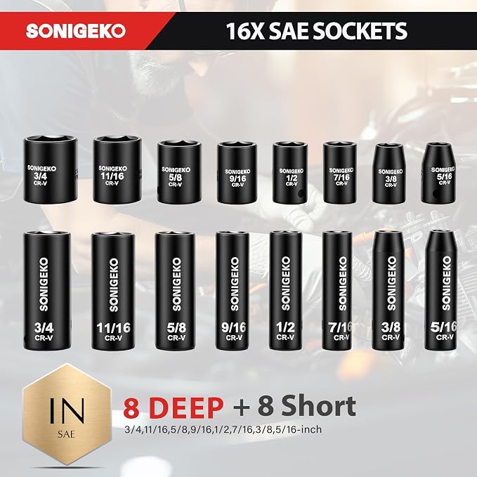 48-Piece 3/8" Drive Impact Socket Set, Standard SAE (5/16 to 3/4 inch) and Metric (8-22mm) Size, 3" and 6" Drive Extension Bar, Impact Universal Joint, 3/8" to 1/2" Impact Adaptor, CR-V Steel