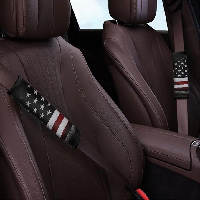 Xoenoiee 11 Pack Retro American Flag Universal Car Accessories Set with Front Seat Cover Rear Split Bench Seats Cover for Cars, Seat Belt Pads, Steering Wheel Cover, Coasters, Keyrings