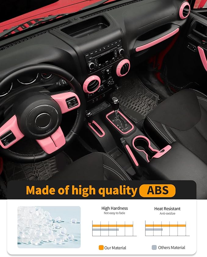 Hoolcar Steering Wheel Cover Gear Shift Panel Trim Cover Water Cup Holder Cover Kit Interior Accessories Kit Fit for Jeep Wrangler JK JKU 2011-2018, 4-Door, Pink