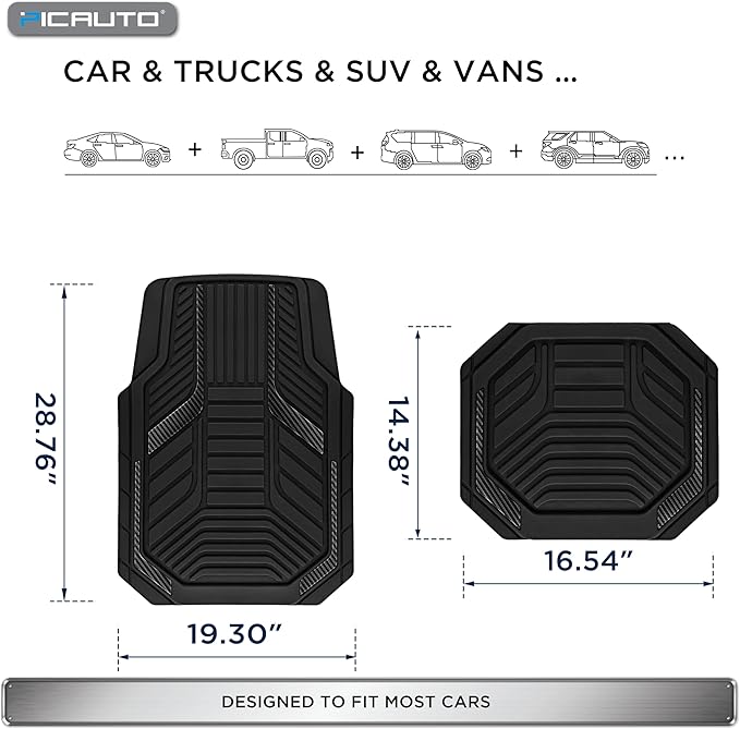 PIC AUTO Heavy Duty Rubber Floor Mats, Black Aluminum Film Car Mats Set, Front and Rear Car Mats with Anti-Slip Backing, All Weather Protection, Trim-to-Fit for Automotive SUV, Sedan, Van
