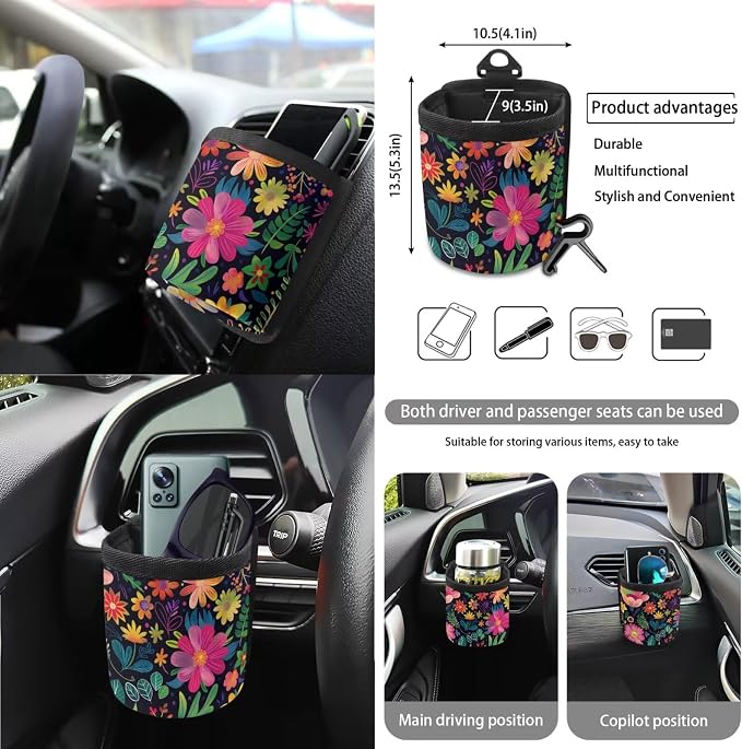 Flower Print Car Accessories Seat Covers Full Set of 15, Soft Comfy Front and Rear Seat Cover with Safety Belt Pads Steering Wheel Cover Trash Can Car Air Vent Organizer