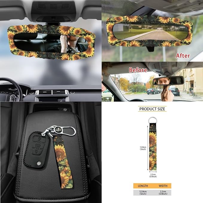 Sunflower Print Car Interior Covers Full Set of 15, High Back Bucket Seat Cover for Cars with Steering Wheel Cover Seatbelt Pads Trash Bag and Car Air Vent Organizer, Auto Decor