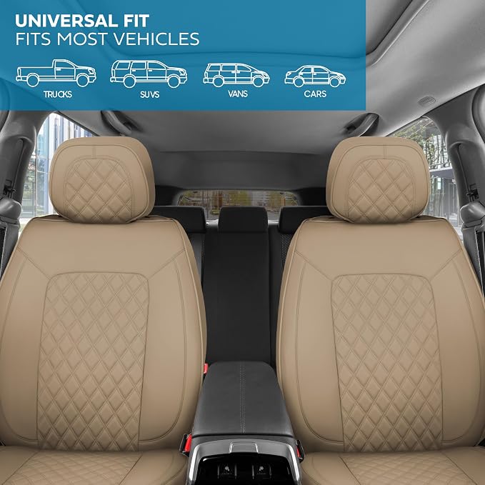MotorBox Haven Series Napa Leather Seat Covers for Cars, Lux Edition Diamond Stitched Front Seat Covers, Premium PU Leatherette Beige Car Seat Covers for Cars Trucks SUVs