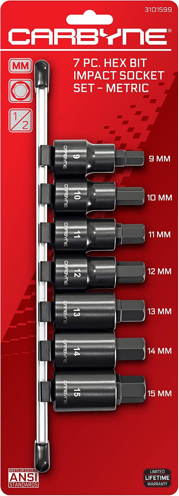CARBYNE 7 Piece SAE Hex Bit Impact Socket Set (3/8” to 3/4”) AND 7 Piece Metric Hex Bit Impact Socket Set (9mm to 15mm). S2 Steel Bits | 1/2" Drive.
