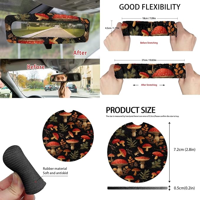 Mushroom Car Seat Covers Set of 15 with Universal Steering Wheel Cover, Rearview Mirror Cover, Car Trash Can, Seatbelt Pads, Cup Holder Coasters, Keychains