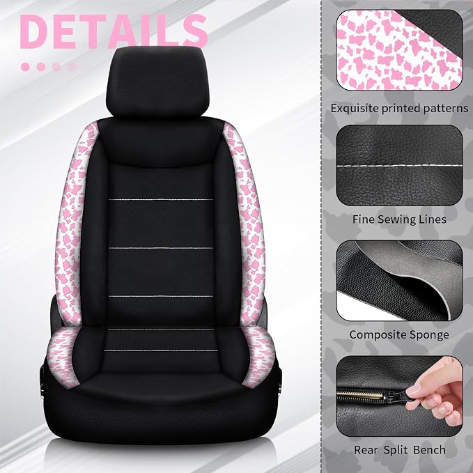 23 Pcs Leather Car Seat Cover Full Set for Women,Universal Car Seat Cover,Print Printing Car Steering Wheel Cover Center Console Armrest,Sunglass Holder Accessories Full SUV(Pink Cow)