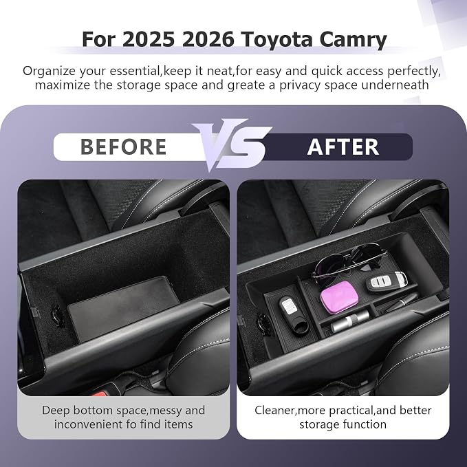 LUWU Center Console Organizer for 2025 2026 Toyota Camry (XSE/XLE/SE/LE) Accessories Armrest Console Storage Box Glove Organizer Tray ABS Material for 9th Gen Camry Interior Accessories Black