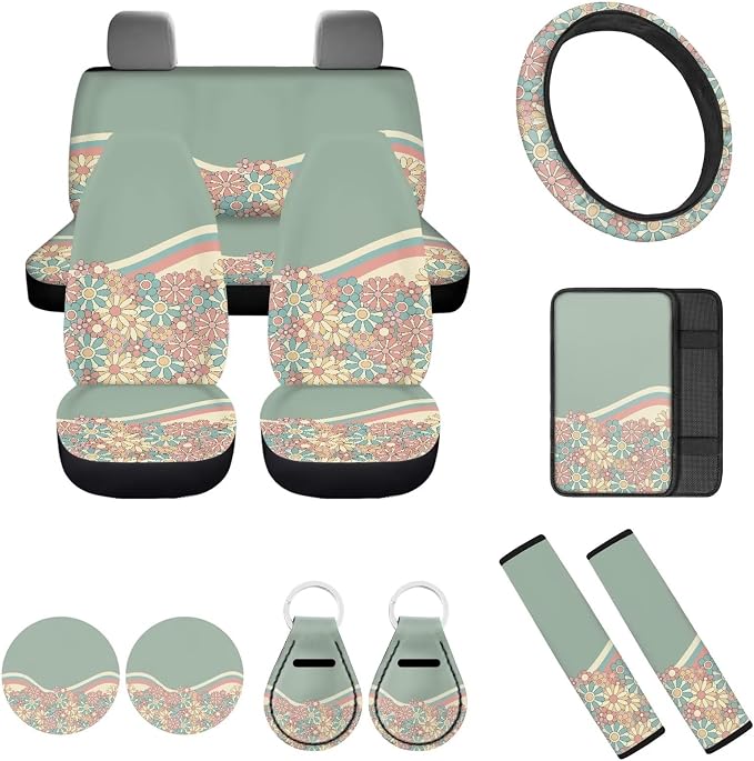 Abstract 70S Groovy Flower Auto Seat Cover Full Set for Women,12 Pack Green Swirl Wavy Auto Front Back Seat Cushion Protective Accessory with Coaster Keyring Steering Wheel Cover Armrest Pad