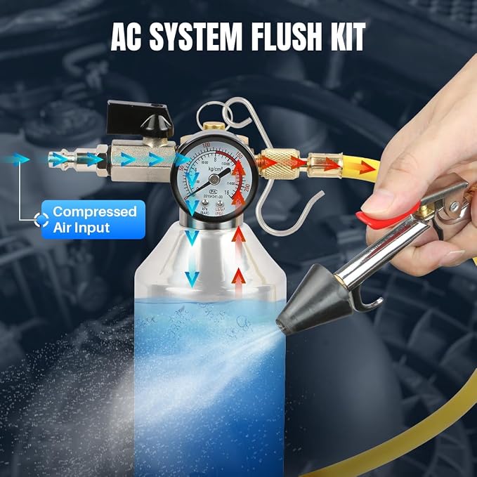 AC Flush Kit Home A/C Flush Tool Automotive A/C Flush Kit House AC Flushing Kit 1L Stainless Steel Bottle R134A R12 R22 R404 R410A Air Conditioner System Flush Canister Kit Clean Tool Set