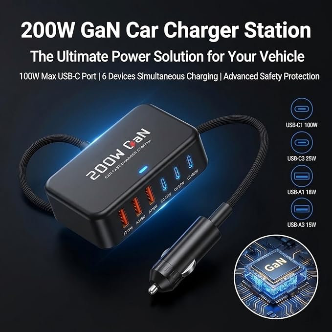 200W 6-Ports Fast USB C Car Charger，PD Type C Laptop Car Charger Power Adapter for MacBook pro/Air,Dell XPS 15/17,Lenovo/HP Laptop,QC3.0/PPS Car Charger for iPhone 17/16/15, Galaxy S26 Ultra/S25,ect