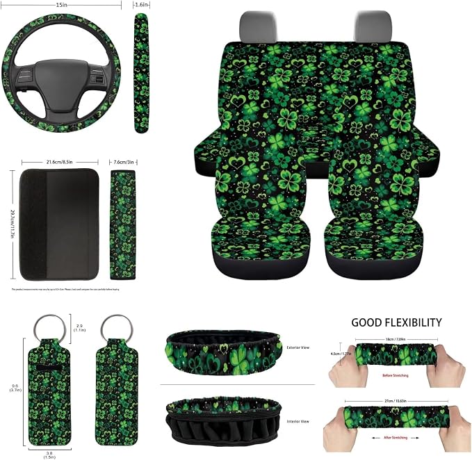 Green Car Accessories 14Pcs Love Heart Green Leaves Car Seat Covers Full Sets St Patrick Day Decorations for Most Vehicle Truck Gift,Universal Steering Wheel/Seatbelt/Key/Mirror Cover/Coaster
