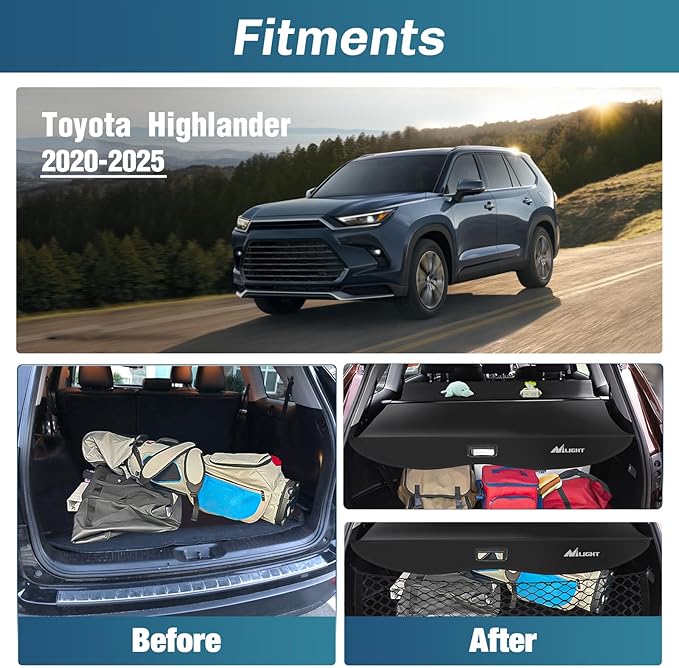 Nilight Cargo Cover Fit for Toyota Highlander 2020 2021 2022 2023 2024 2025, Retractable Privacy Security Shield Shade Rear Trunk Cover, with Trunk Storage Net