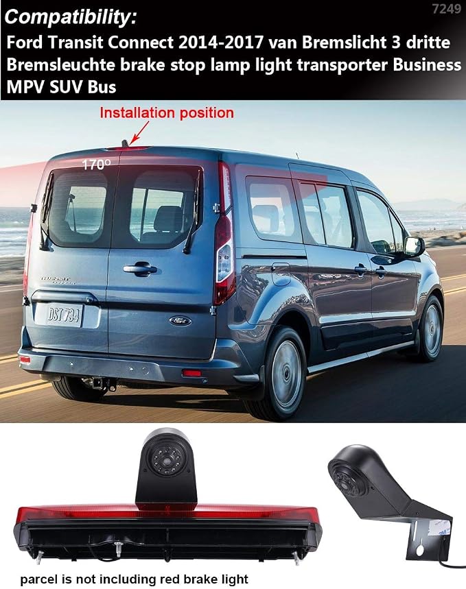 High Mount Rear Light Lamp Reverse Parking Car Rear View Camera+4.3" Reverse Mirror Replacement for Ford Transit Connect 2014-2017 Transporter Business MPV SUV Bus