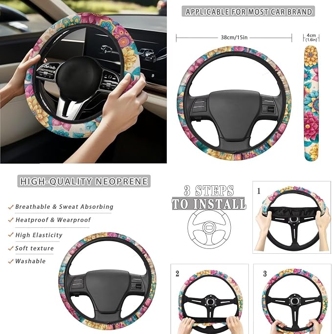Boho Blossoms 15 PCS Car Seat Cover Set with Auto Steering Wheel Cover Seat Belt Strap Protector Cup Holder Trash Bag Rear View Mirror Protector Keychain