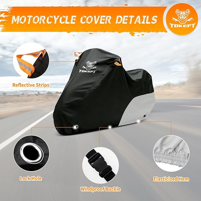 Motorcycle Cover Waterproof All Season Outdoor Protection, Fits up to 96 Inch, Compatible with Sport Bikes & Cruisers with Locking Holes & Reflective Strips (Black&Silver)