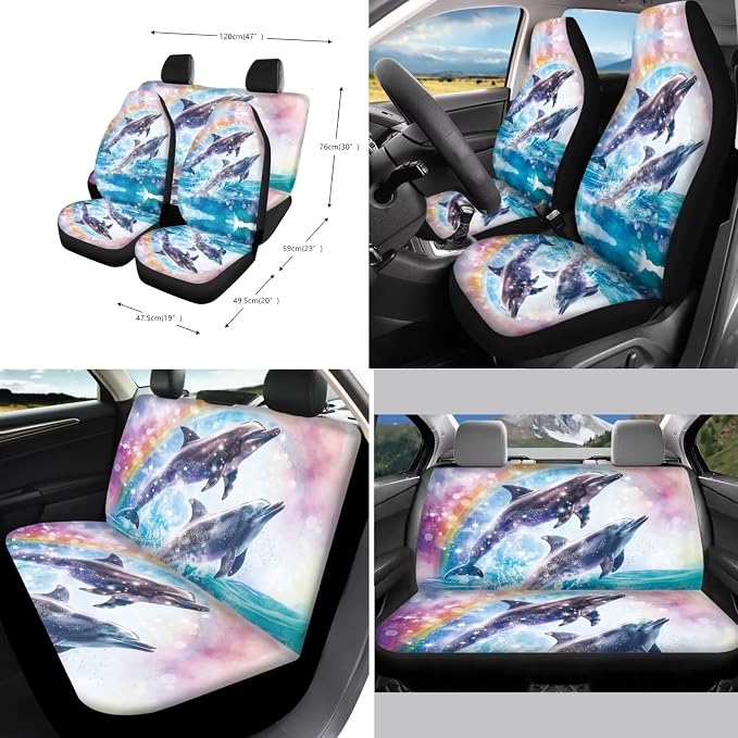 Xoenoiee Dolphin Rainbow Pattern 11 Pieces Car Seat Covers Interior Accessories Set Universal Fit with Steering Wheel Cover, Seat Belt Pads, Keychain, Cup Coasters