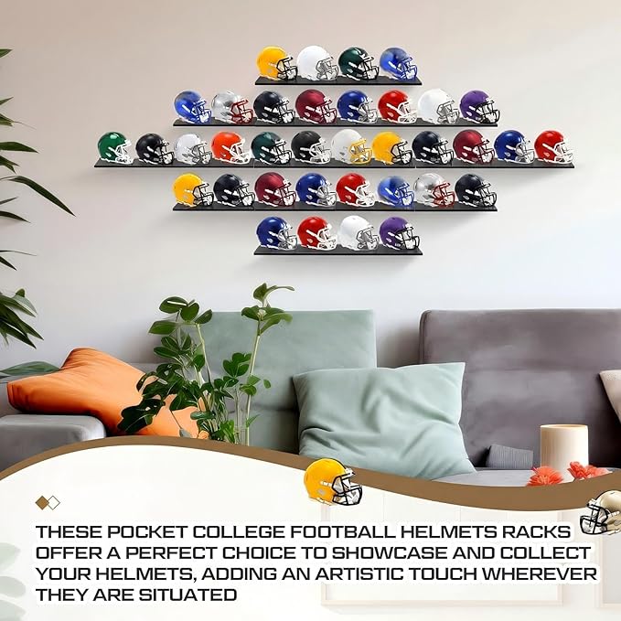 Colingmill Wall Mount Pocket Size Helmet Display Racks 9.84 x 3.15 x 1.06 Inches Acrylic Pocket Size Football Helmet Display Racks 16 Team for Collecting Game Helmets