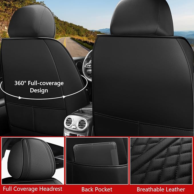 otoez Leather Car Seat Covers Full Set, Breathable Waterproof Nappa Leather Front Rear Car Seat Protectors with Lumbar Support, Universal Automotive Seat Covers for Most Cars SUV Truck Sedan (Black)
