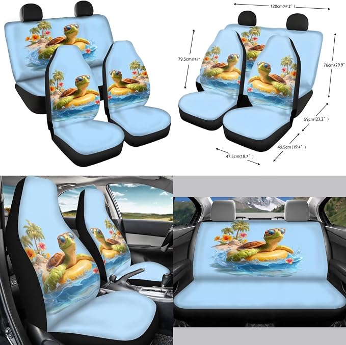 Forchrinse 15Pack Car Accessories Set Hawaiian Sea Turtle Car Seat Cover Full Set+Steering Wheel Cover+Car Trash Can+Seatbelt Cover+Coaster+Keychain