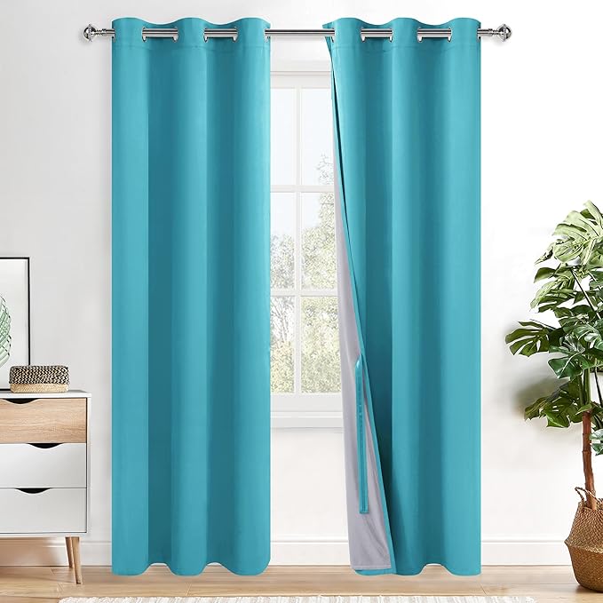 XWZO Complete Blackout Shades Window Curtain Panels with Tiebacks- Noise Reduction and Light Blocking Grommet Curtains with Black Liner for Studio, Basement Room, Turquoise, W42 x L84, Set of 2