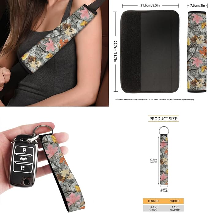 Camo Maple Leaf 15Pcs Car Seat Cover Full Set Car Steering Wheel Cover Seat Belt Cover Trash Bin Front Rear View Mirror Car Cup Holder Keychain