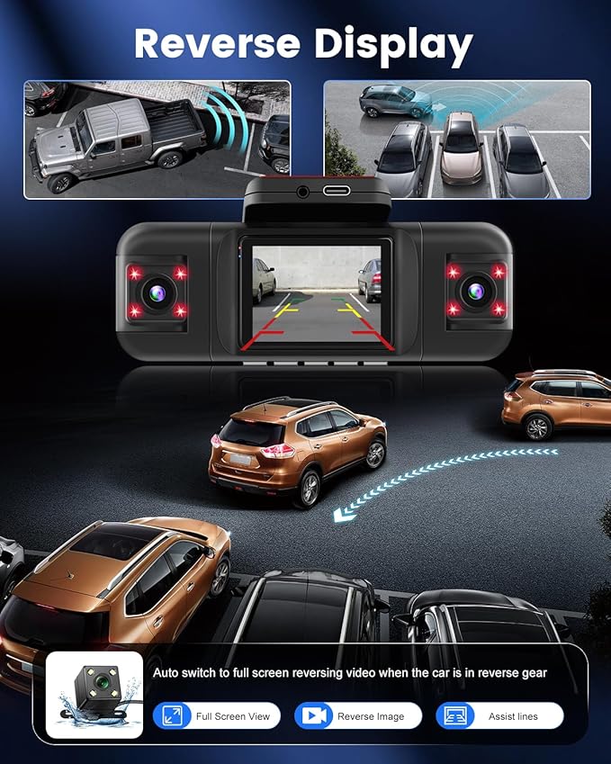 NHOPEEW 4 Channel Dash Cam 360° View, 1080P Front and Rear Inside Left Right Dash Camera for Cars - 2 inch IPS Screen Car Cameras with 8 IR Night Vision, Built-in Stereo, Loop Recording + 64G TF Card