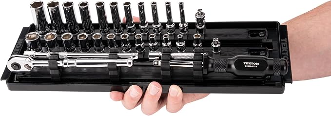 TEKTON 1/4 Inch Drive 6-Point Socket and Ratchet Set with Rails and Tray, 29-Piece (5/32-9/16 in.) | SKT03101