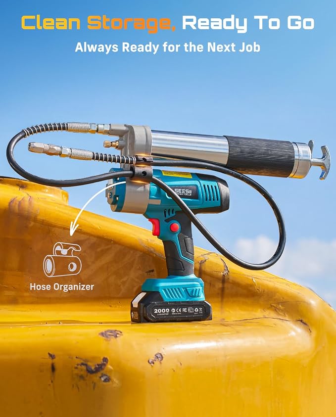 Seesii Electric Grease Gun, 5.8 oz/min Fast Flow Cordless Grease Gun with Auto Lock-On Trigger, 48" Hose, Standard & Quick Release Couplers, Needle Dispenser, Pointed Tip for Tractor & Heavy Equipment | Battery Powered, Auto Faster Greasing, Multi-Coup...
