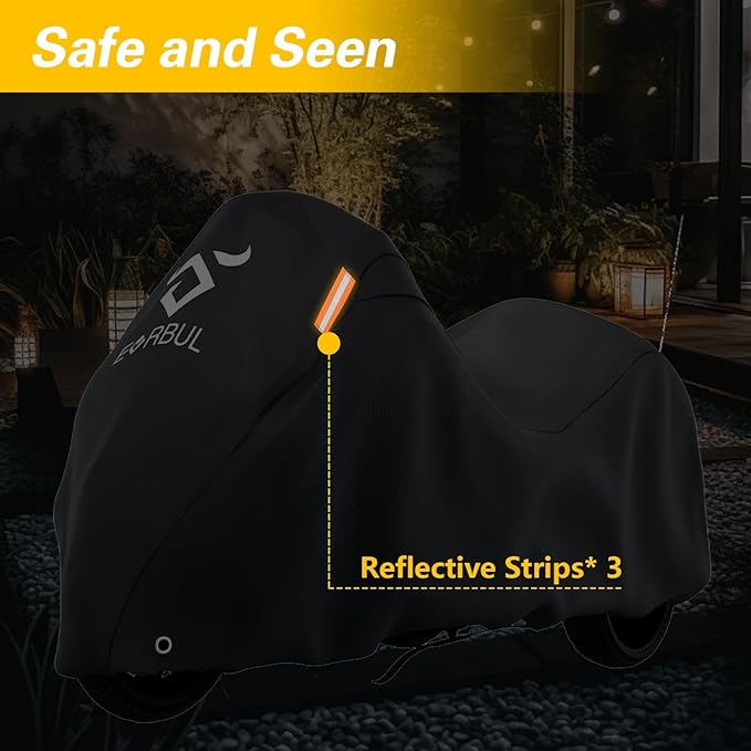 EVRBUL Trike Motorcycle Cover Waterproof 3-Wheel Vehicles Cover with Reflective Strips and Windproof Buckle Compatible with Harley Davidson CVO Tri Glide, Honda Gold Wing Trike 108× 59× 59 in