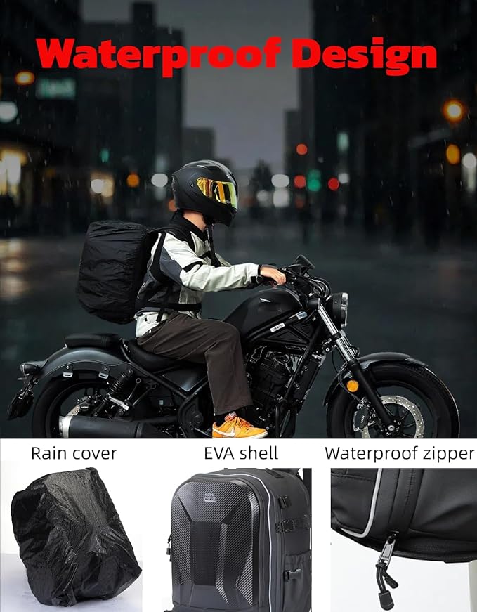 KEMIMOTO Motorcycle Helmet Backpack Bag, 40L Large Capacity Helmet Backpack Hard Shell with Expandable Storage and Rain Cover, USB Charging Port, Waterproof