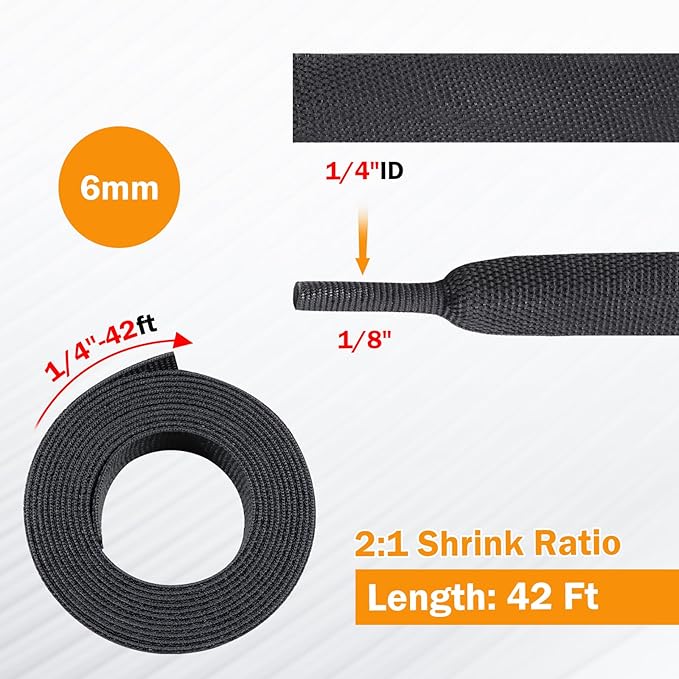 2:1 Ratio Flat Heat Shrinkable Braided Sleeving,Electrical Insulating Tubing,Durable Automotive Fabric Harness Shrinking Sheath (1/4"-42ft)