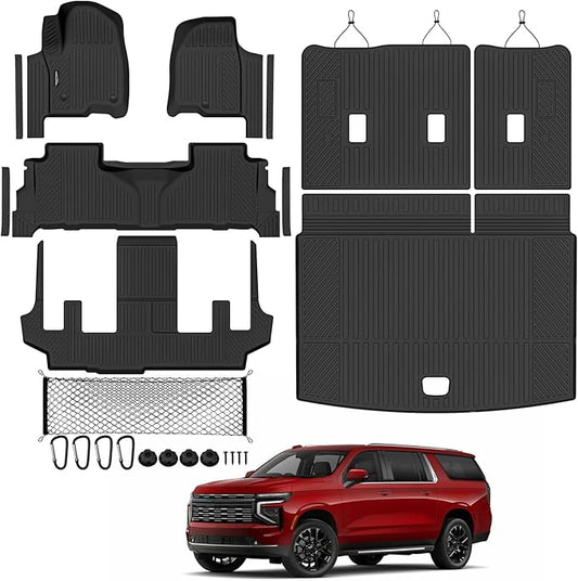 Tongama-Floor Mats for 2025 2026 Chevy Suburban/GMC Yukon XL 7 Seats with Bucket Seat, All Weather TPE Trunk Mat & 3rd Row Backrest Mats & Cargo Net & Door Sill Guards for Suburban Accessories