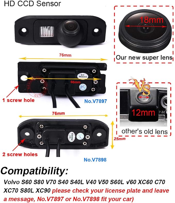 HD IP68 1280Pixels Auto 170° License Plate Light Rear View Reversing Backup Parking Camera Compatible with Volvo S80 SI40 XC60 S40 C70 S80L S40L S80 S60L S40L XC90 S80L S60 S40L V40 V50 (NO.V7898)