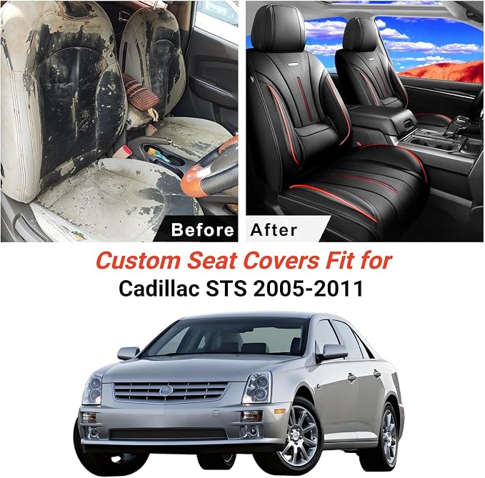 Fit STS Car Seat Covers (Front Pair) for Select Cadillac STS 2005-2011 - Premium Full Coverage Leather, Airbag Compatible & Scratch-Resistant, Waterproof & All Weather Seat Protector, Red Trim