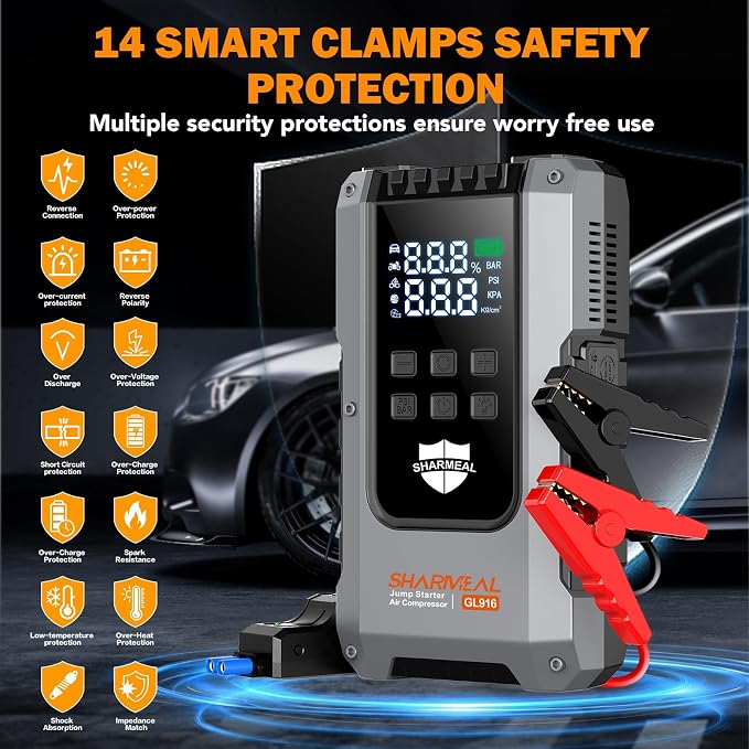 6000A Jump Starter with Air Compressor 160PSI Tire Inflator, 12V Car Battery Fast Charge Portable Jump Starter for All Gas/10L Diesel, Jump Box Pack with 3 Modes Flashlight and Jumper Cables