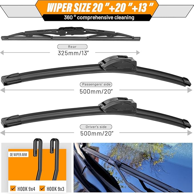 OEM Windshield Wiper Blade Replacement for GMC Jimmy Chevrolet Blazer 1995-2005 Ford Explorer Mercury Mountaineer 2006-2010 Original Equipment All-Season Rear Wiper Blade Set 20+20+13 (Set of 3)