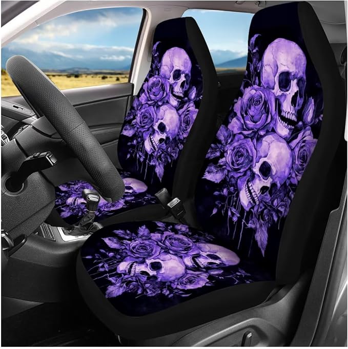 Ystardream Purple Skeleton Car Seat Covers Full Set - 11 Pcs Automotive Accessories with Rubber Steering Wheel Cover, Auto Seat Belt Covers & Keychain, Gothic Style Universal Fit for Night Driving