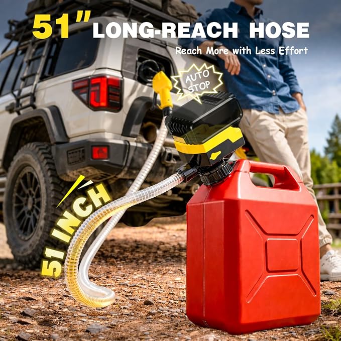 Keimi 5 GPM Cordless Fuel Transfer Pump with Auto-Stop & Hand Trigger Nozzle, Compatible with DeWalt 20V & Milwaukee 18V Batteries, Gas Can Pump for Gasoline/Diesel, 51" Hose & 4 Adapters (Bare Tool)
