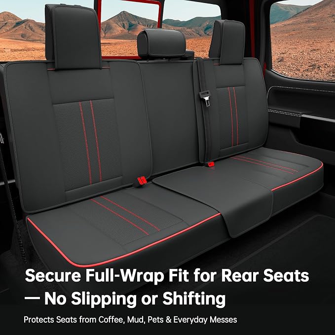 W&PMAX Custom-Fit Seat Covers for Ford F-150 Crew Cab (2015–2025), Full Set Waterproof Leather, Full-Wrap Protection, Heated & Cooling Compatible – Black/Red Stitching