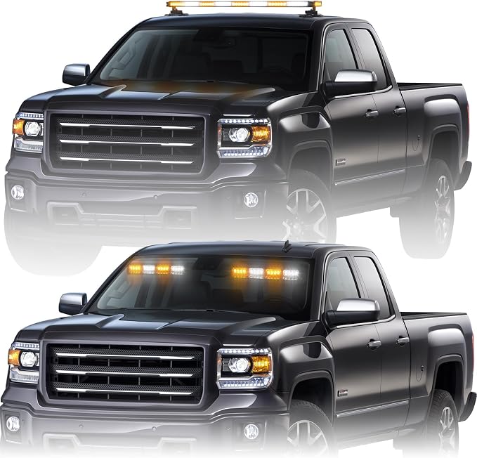 XRIDONSEN Amber White Emergency Dash Strobe Lights & 37 inch 104 LED Roof Top Strobe Light Bar Traffic Advisor Lights for Plow Tow Trucks Construction Vehicles
