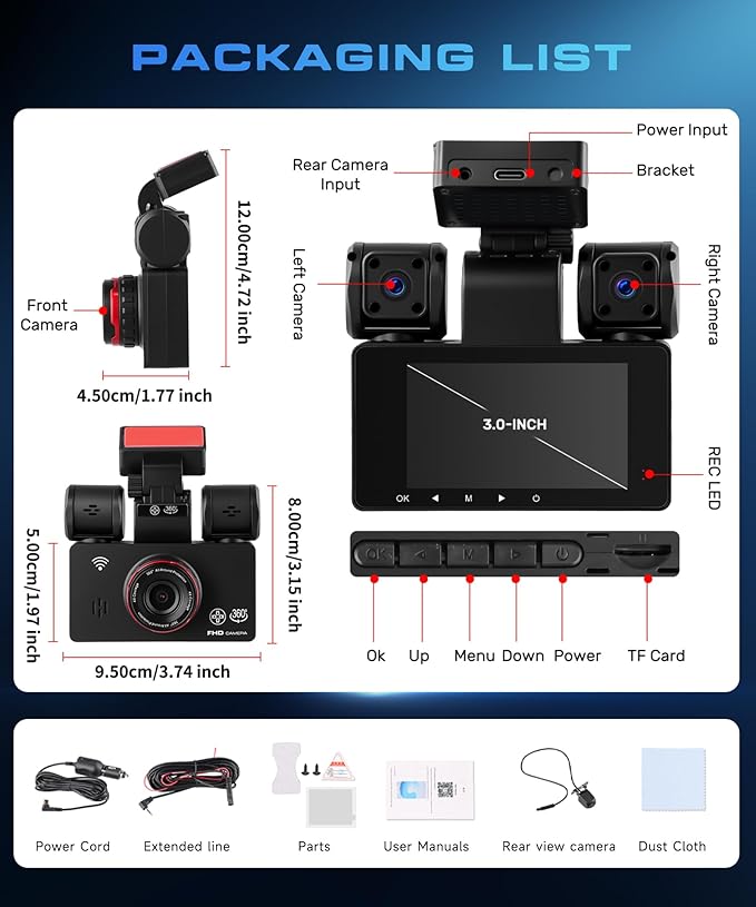 4 Channel 360° Dash Cam, 2K Front 1080P Rear Left Right, 3" IPS Screen, 5G WiFi APP Control, 8 IR Night Vision, G-Sensor, Loop Recording, 24/7 Parking Monitoring for Cars, Trucks, SUVs