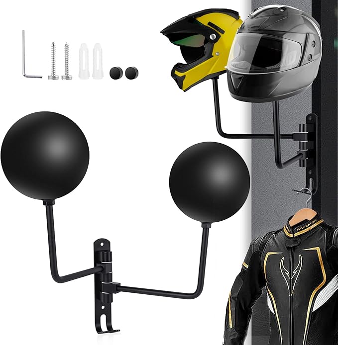 Kikerike Motorcycle Helmet Rack Wall Mount 180 Degree Rotation Metal Bike Helmet Holder Mount Bicycle Helmet Display Hanger Stand with 2 Hooks for Motorcycle Bike Baseball Rugby Helmet - Black, 1 Pcs