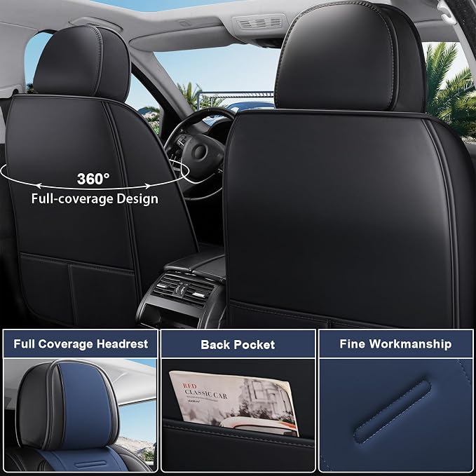 otoez Nappa Leather Car Seat Covers Full Set, Breathable Leather Automotive Seat Covers Front & Rear Seat Protectors with Lumbar Support, Universal Fit for Most Cars SUV Truck Sedan (Black+Blue)
